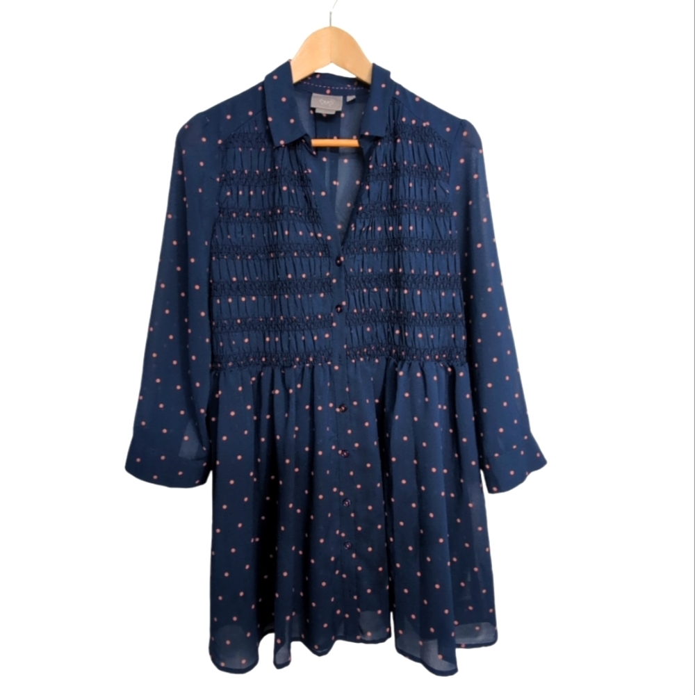 Anthropologie Navy Blue Dress with Pink Dot Print